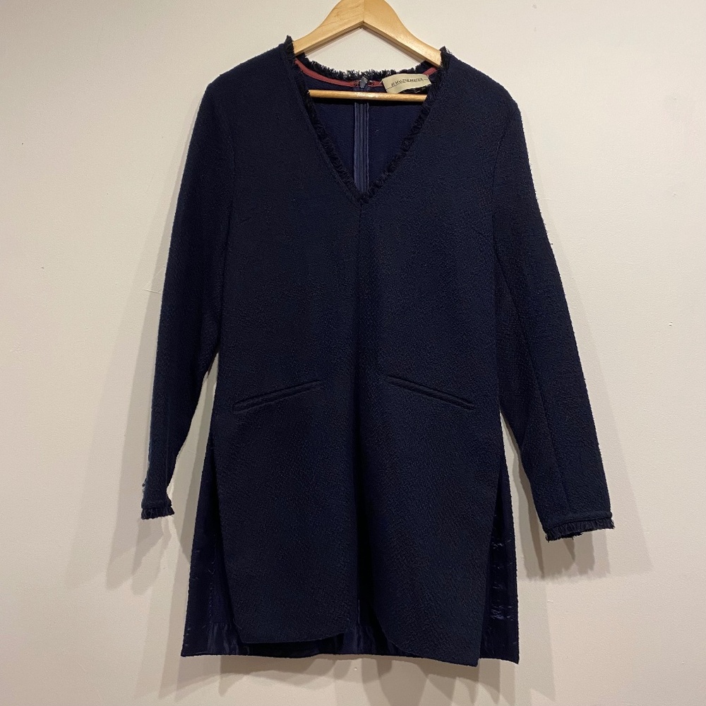 By Malene Birger Navy Blue Boucle V-Neck Fringe Trim Old Money Shift Dress 8